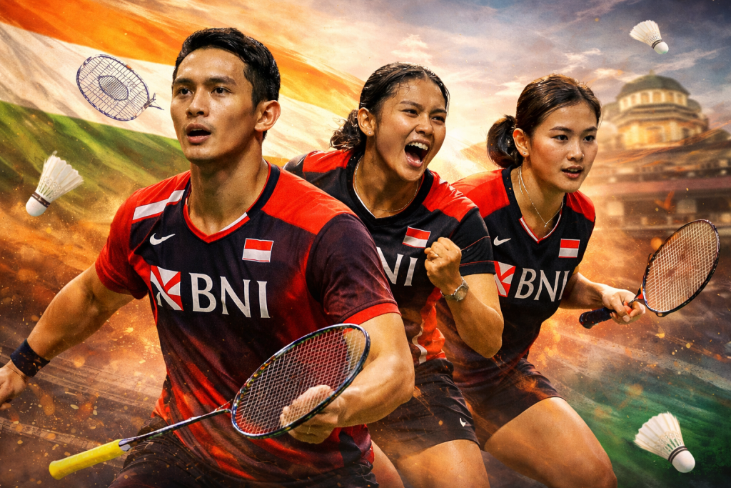 Jonatan Christie bersama Lanny Tria Mayasari dan Amallia Cahaya Pratiwi di India Open 2026