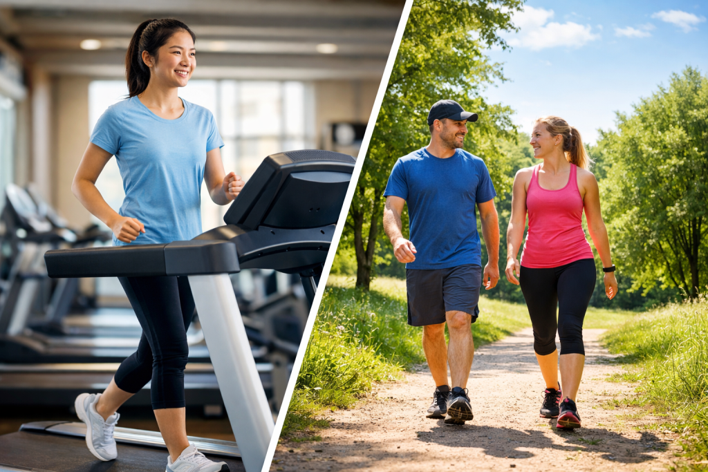 Ilustrasi perbandingan jalan kaki di treadmill dalam ruangan dan jalan kaki