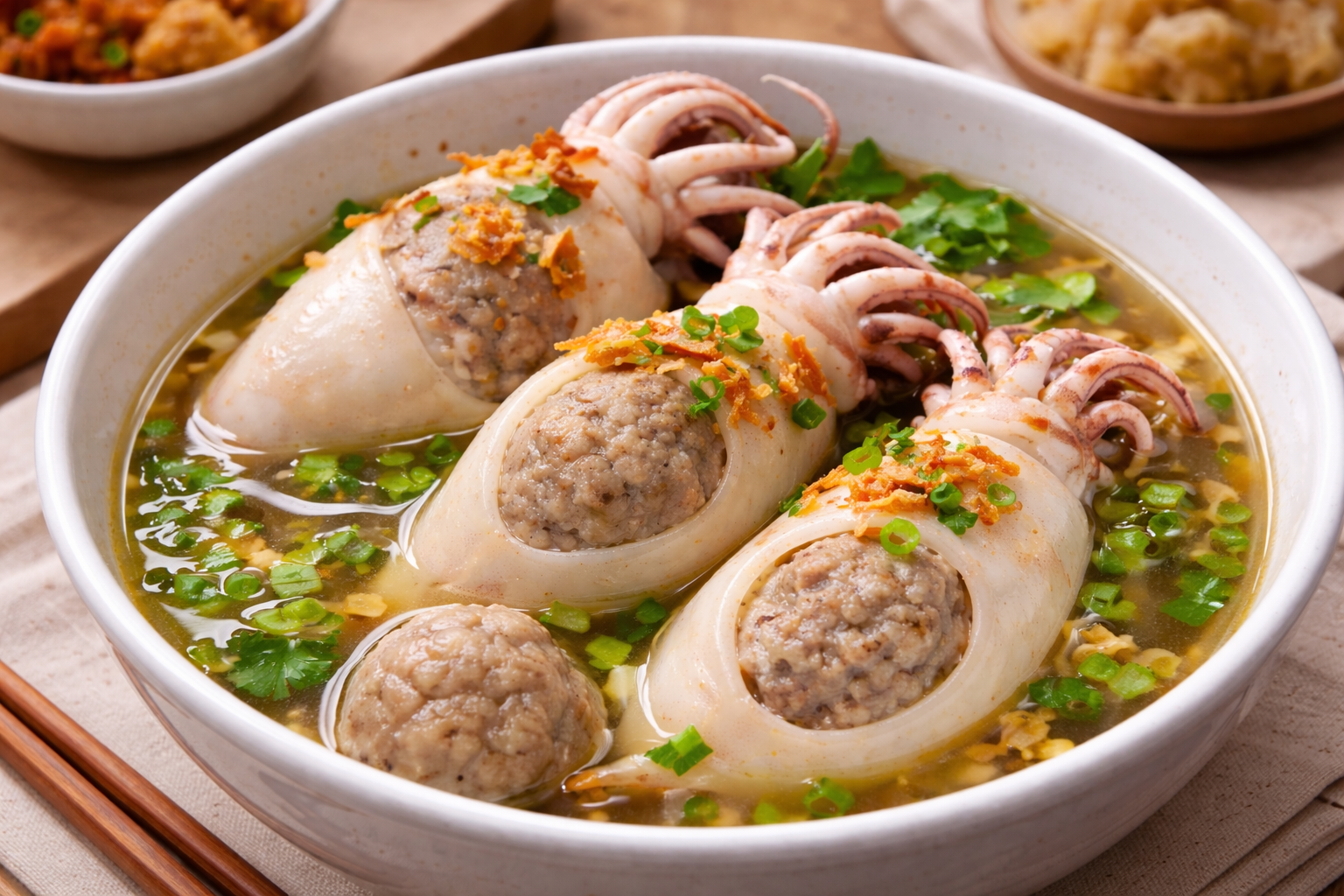 Bakso cumi khas Jember dengan isian pentol daging sapi disajikan dalam kuah gurih dengan taburan bawang goreng dan daun seledri.