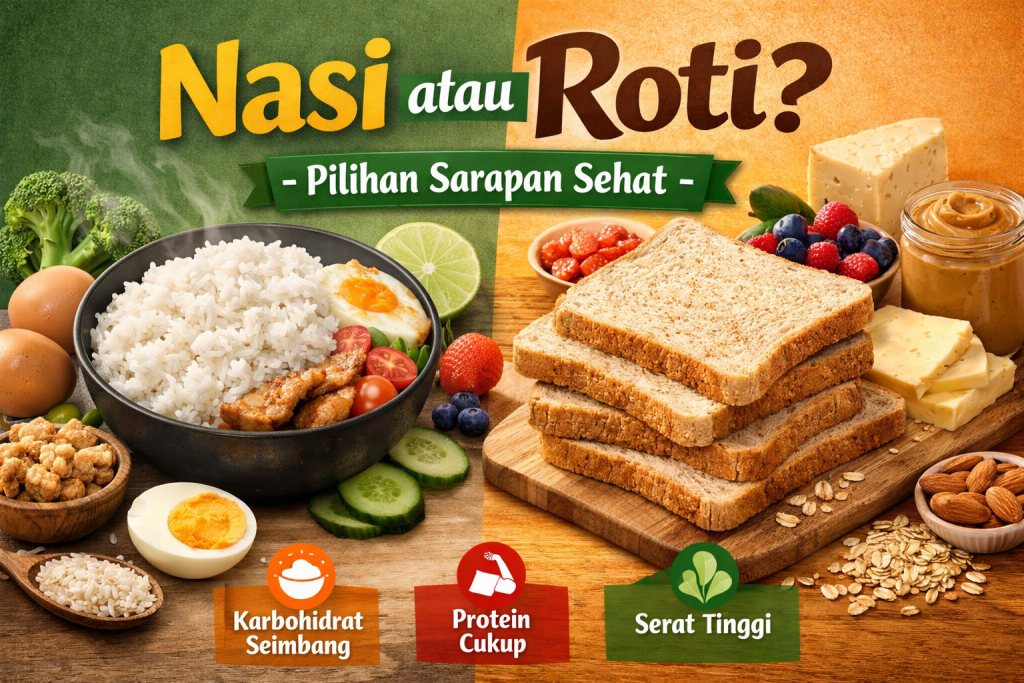 Perbandingan nasi dan roti sebagai pilihan sarapan sehat dengan kombinasi protein dan sayuran