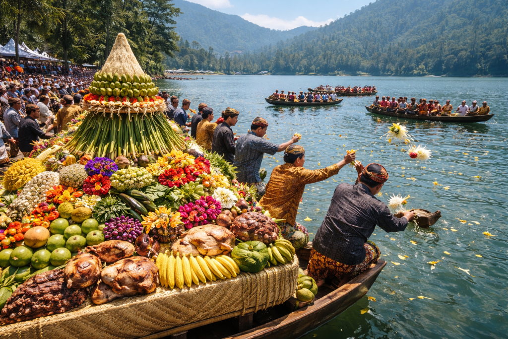 Prosesi Tradisi Labuhan Sarangan di Telaga Sarangan Magetan sebagai ritual adat masyarakat dalam ungkapan syukur dan pelestarian budaya.