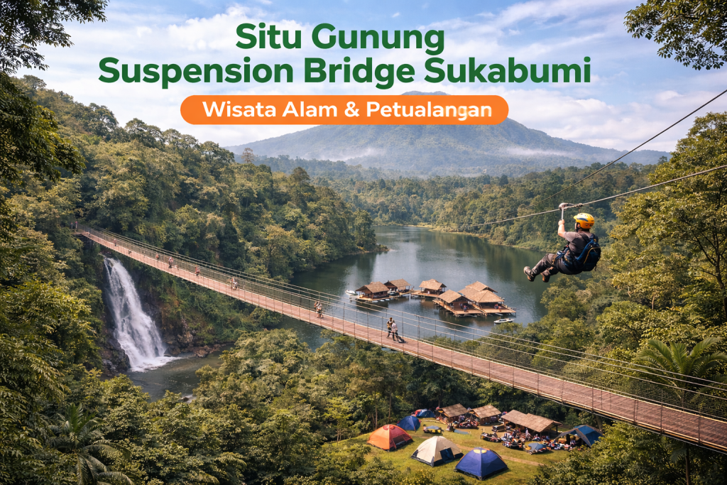 Situ Gunung Suspension Bridge di kawasan Taman Nasional Gunung Gede Pangrango, Sukabumi.