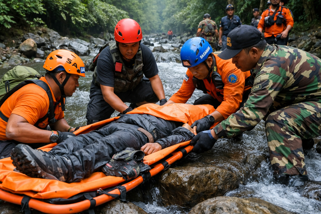 Proses evakuasi jasad pendaki oleh tim SAR gabungan di aliran sungai kawasan Bukit Mongkrang.