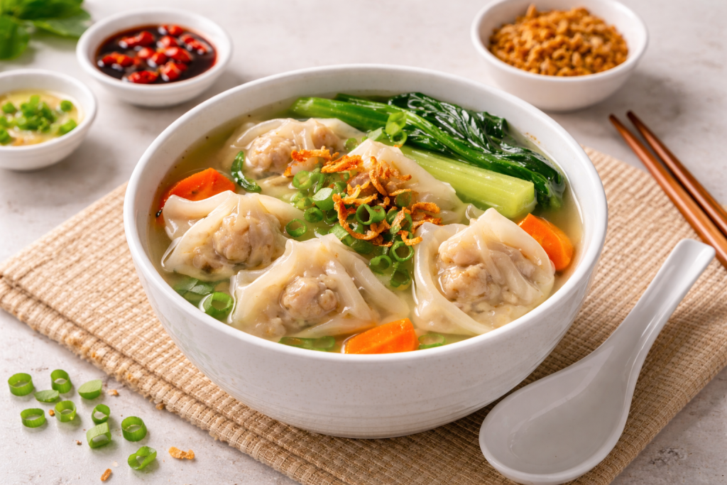 Semangkuk sup pangsit ayam dengan kuah bening