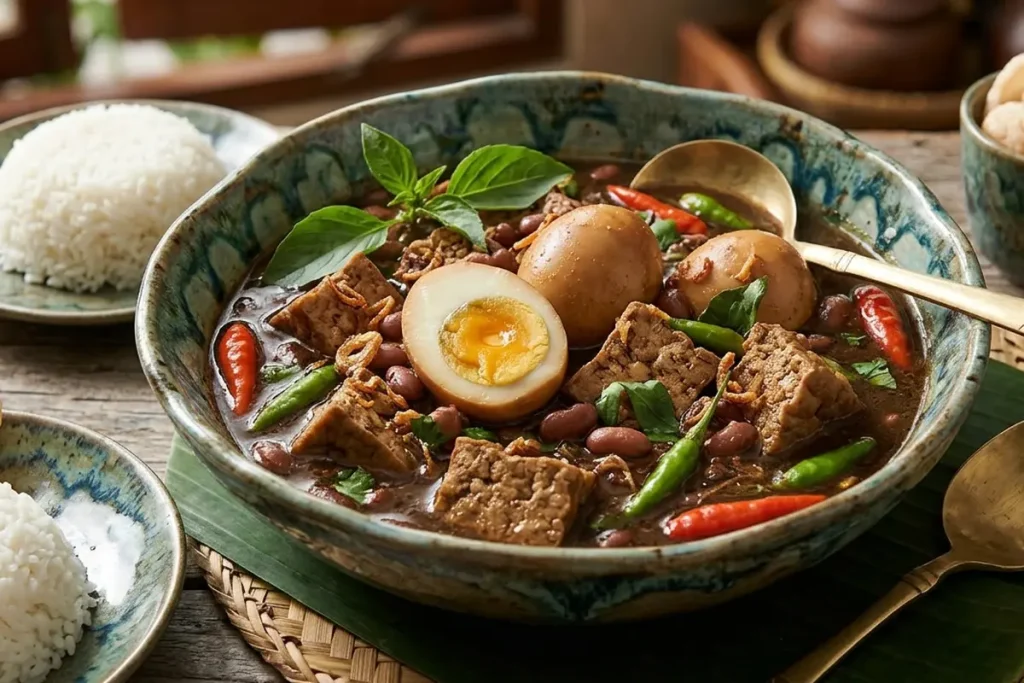 Brongkos telur tahu khas Jawa dengan kuah santan kluwek berwarna cokelat, disajikan hangat bersama nasi putih dan kerupuk.