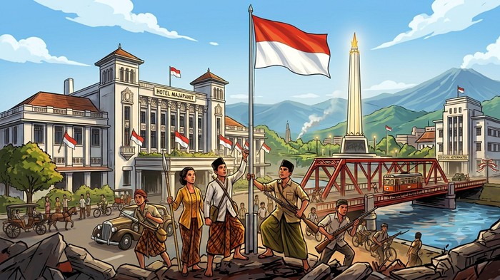 Pengunjung berfoto di Tugu Pahlawan Surabaya, salah satu destinasi wisata sejarah yang menjadi simbol perjuangan kemerdekaan Indonesia.