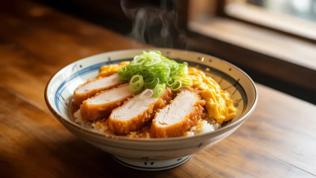 Chicken katsu don dengan ayam renyah, telur lembut, dan nasi putih hangat dalam mangkuk.