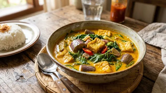 Kuah santan terong tahu dan kemangi gurih disajikan hangat sebagai menu rumahan