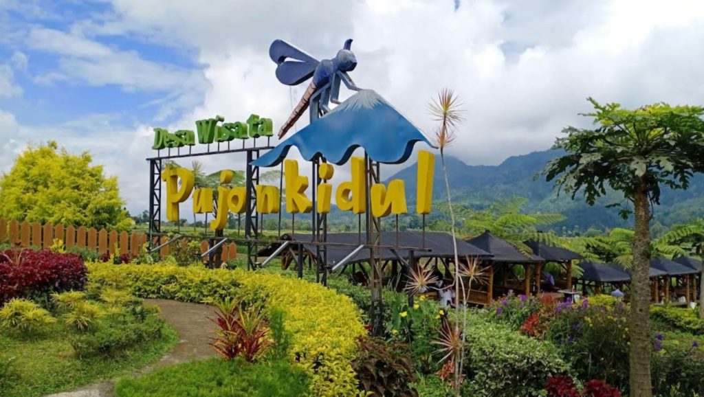 Pemandangan Desa Wisata Pujon Kidul dengan hamparan sawah hijau dan panorama pegunungan di Malang.